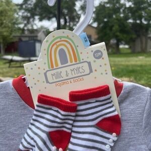 Millie & Myrs red and white striped baby socks and pajamas !2 months